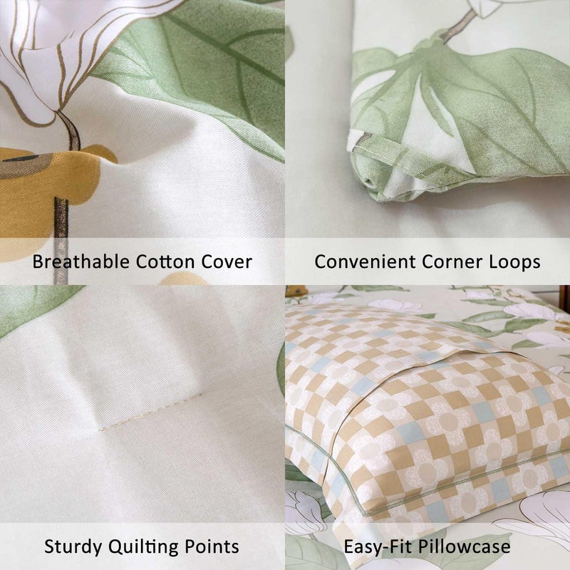 ALEISSEL Pale Moss Green Botanical Cotton Comforter Queen Size - Elegant White Magnolia Floral Front & Retro Taupe Checkerboard Reverse  Lightweight 3PC Bedding Sets with Soft Fill 90  90 - Image 5